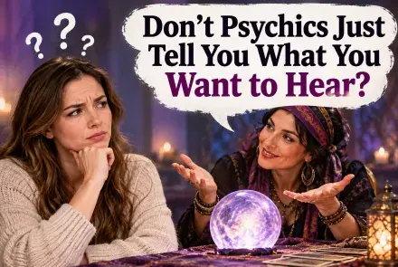 A skeptical woman questions a psychic during a reading, with a glowing crystal ball and purple mystical background. Text reads, “Don't Psychics Just Tell You What You Want to Hear?”