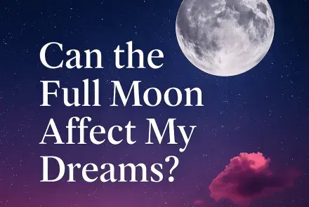 Eye-catching graphic of a glowing full moon in a purple and magenta night sky with stars and clouds, with the text "Can the Full Moon Affect My Dreams?" designed for mobile readability