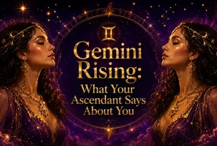 Celestial Gemini Rising image with mirrored twin women, glowing astrology details, and a purple cosmic background.