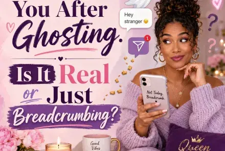 Woman looking suspicious and amused at her phone after receiving a DM from someone who ghosted her, with a playful ghost, message notification, and breadcrumb symbols.