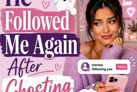 Woman looking amused and suspicious at her phone after someone who ghosted her follows her again, with a playful ghost and social media notification.