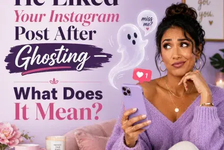 Woman looking amused and confused at her phone after receiving a like from someone who ghosted her, with a playful ghost and heart notification beside her.