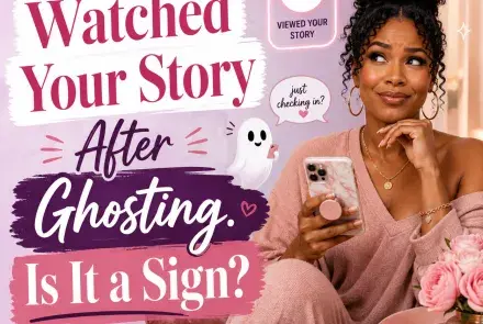 Woman looking amused and curious at her phone after someone who ghosted her viewed her story, with a playful ghost and story notification.