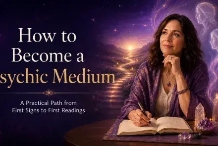Woman journaling beside crystals and candlelight on a mystical path representing how to become a psychic medium.