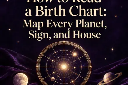 Gold birth chart wheel on purple velvet with moon and Saturn