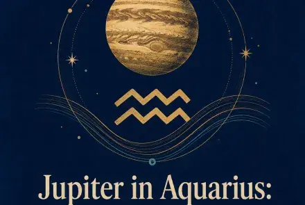 Gold Jupiter and Aquarius symbol on a deep blue background.