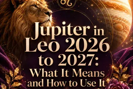 Jupiter in Leo 2026 to 2027 astrology graphic with lion and Jupiter.