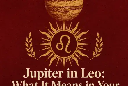Gold Jupiter and Leo symbol with sun rays on a deep red background.