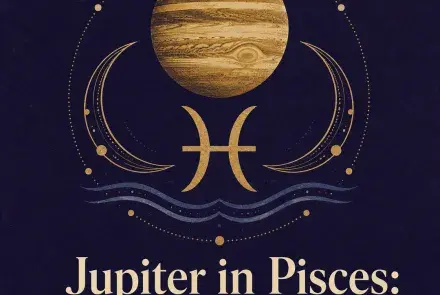 Gold Jupiter and Pisces symbol on a deep violet background.