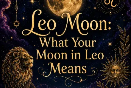 Celestial Leo Moon graphic with a glowing full moon, Leo symbol, golden lion, stars, and sun motifs.