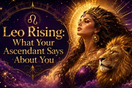 Celestial Leo Rising image with a regal woman, a lion, and glowing gold astrology details against a purple cosmic sky.