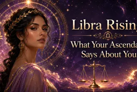 Celestial Libra Rising image with an elegant woman, golden scales, and glowing astrology details against a purple cosmic background.