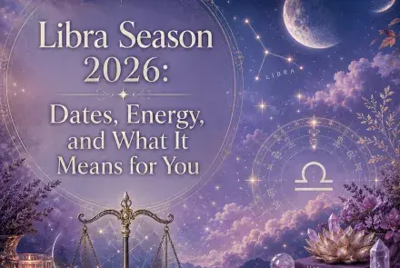 Celestial Libra Season 2026 image featuring balanced scales, the Libra zodiac symbol, stars, moon, lavender clouds, crystals, and candles.