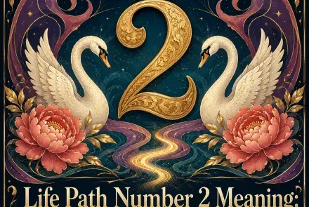 Golden number 2 between two white swans, peonies, a crescent moon, and mystical swirls.