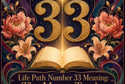 Golden number 33 above a glowing open book, surrounded by flowers, stars, and mystical swirls.