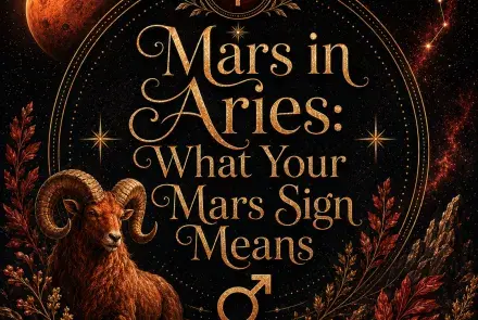Mars in Aries astrology image with the Aries zodiac symbol, ram, Mars planet, constellation, and fiery red botanical details