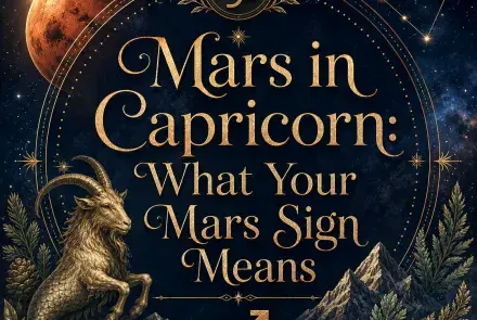 Mars in Capricorn astrology image with the Capricorn zodiac symbol, Mars planet, constellation, mountain goat, and evergreen details