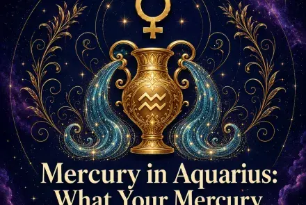 Mercury in Aquarius astrology artwork with a gold Mercury symbol and water-bearing vessel.