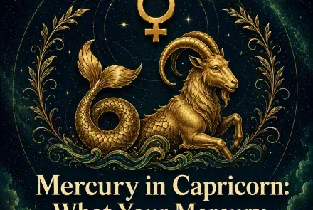 Mercury in Capricorn astrology artwork with a gold Mercury symbol and mythical sea-goat.