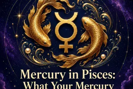 Mercury in Pisces astrology artwork with two gold fish circling a Mercury symbol.