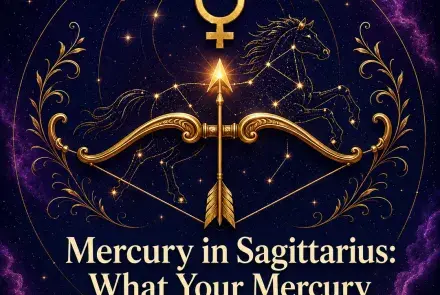 Mercury in Sagittarius astrology artwork with a gold bow, arrow, and horse constellation.