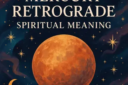 Planet Mercury glowing in a starry violet-blue sky with gold moons and stars, symbolizing Mercury Retrograde spiritual energy.