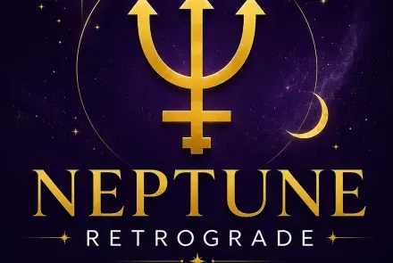 Gold Neptune symbol on a deep violet celestial background with “Neptune Retrograde: What It Means and the Dates to Know.”