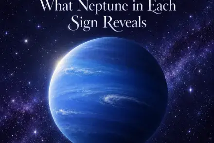 Blue Neptune in a violet starry sky with the title “Neptune Sign Meaning: What Neptune in Each Sign Reveals.”