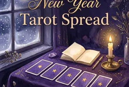 New year tarot spread: five tarot cards in a row by a snowy window with a candle and an open notebook