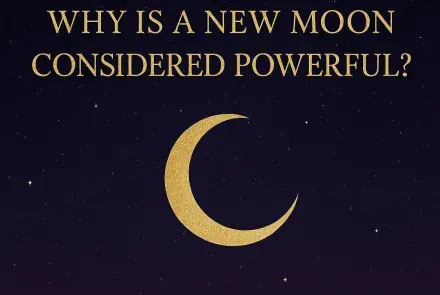 Golden crescent moon under bold text reading ‘Why Is a New Moon Considered Powerful?’ against a deep indigo starry sky