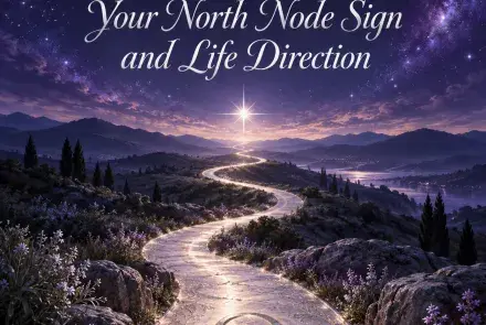 A winding silver path with the North Node symbol leads toward a bright star beneath a violet sky.