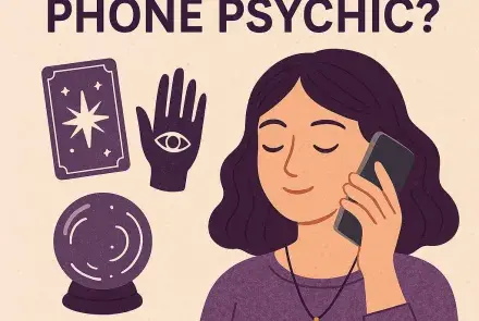 Mystical illustration of a phone psychic with a crystal ball, tarot cards, and a smartphone headset, symbolizing intuition and technology