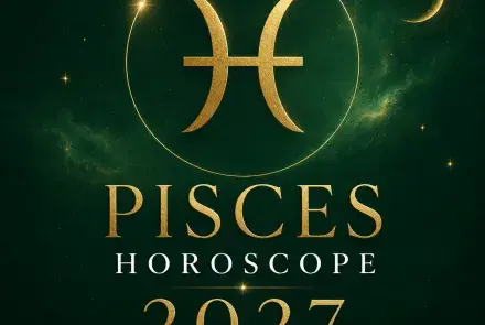 Gold Pisces zodiac symbol on a deep emerald green background with “Pisces Horoscope 2027: Your Complete Year Ahead.”