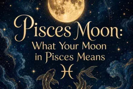 Celestial Pisces Moon graphic with a glowing full moon, Pisces symbol, golden fish, stars, and deep blue cosmic waves.