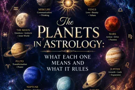 The planets used in astrology arranged in a ring around a golden sun, each labeled with what it governs, against a starry sky with zodiac symbols