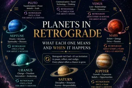 Eight planets arranged in a circle, each ringed by a looping retrograde arrow and labeled with what it governs and how often it turns retrograde