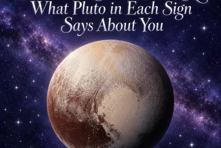 Pluto against a violet starry sky beneath the title “Pluto Sign Meaning: What Pluto in Each Sign Says About You.”