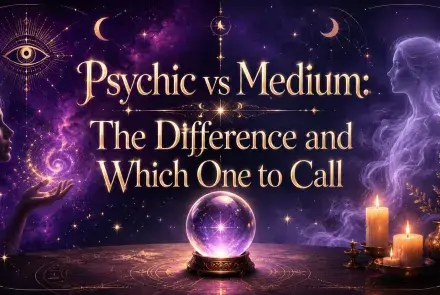Mystical purple image with a crystal ball, candles, psychic symbols, and two spiritual female figures beside the words “Psychic vs Medium: The Difference and Which One to Call.”