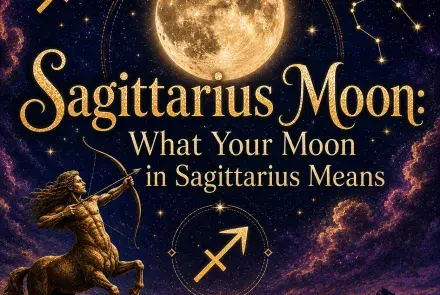 Celestial Sagittarius Moon graphic with a glowing full moon, Sagittarius symbol, golden centaur archer, stars, and mountains.