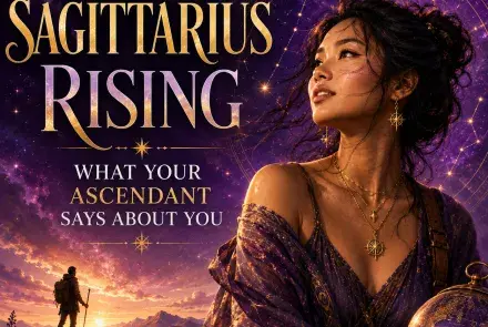 Celestial Sagittarius Rising image with a woman, mountain traveler, Sagittarius symbol, and gold astrology details against a purple cosmic sky.