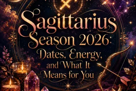Celestial Sagittarius Season 2026 image featuring the Sagittarius zodiac symbol, glowing bow and arrow, stars, moon, crystals, candles, and rich purple and gold tones.