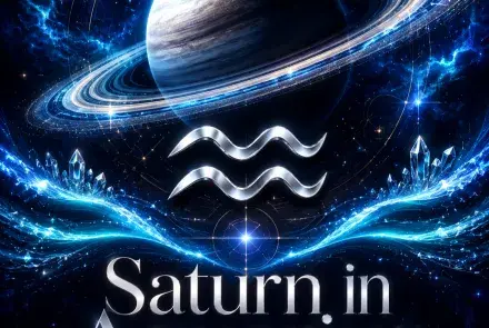 Saturn and the Aquarius symbol surrounded by luminous blue waves and crystals.
