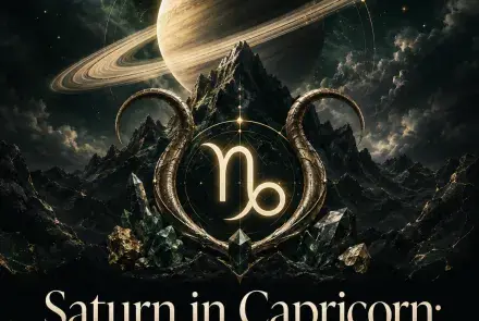 Saturn and the Capricorn symbol above dark mountain peaks and crystals.