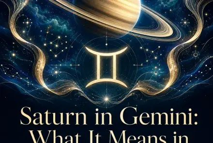 Saturn and the Gemini symbol surrounded by mirrored golden ribbons in a blue celestial sky.