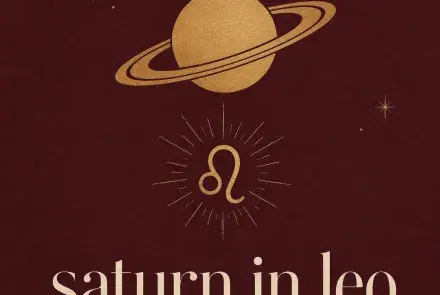 Gold Saturn and Leo symbols on a burgundy background with the words Saturn in Leo.