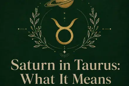 Gold Saturn and Taurus symbol on a deep emerald background.
