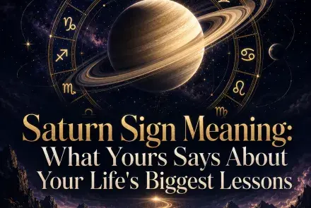 Saturn encircled by golden zodiac symbols above a glowing path through dark mountains.