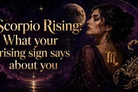 Mystical Scorpio Rising image with a woman in profile, a glowing scorpion, and a cosmic purple night sky.