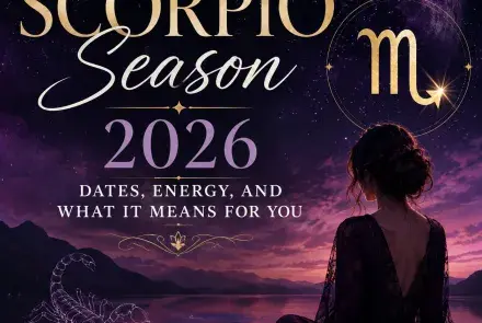 Scorpio Season 2026 astrology image with a celestial purple sky, Scorpio symbol, scorpion, crystals, and a reflective woman beside a moonlit lake.
