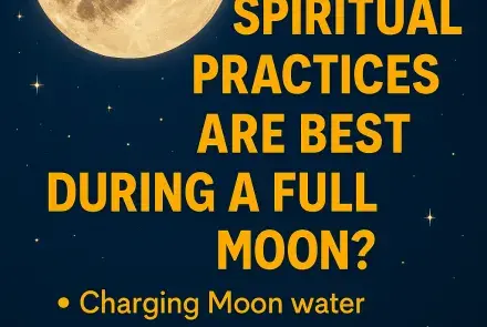 Vibrant golden full moon glowing in a starry sky with bold text highlighting spiritual practices such as moon water, crystals, meditation, and rituals—an eye-catching design for a mystical blog post